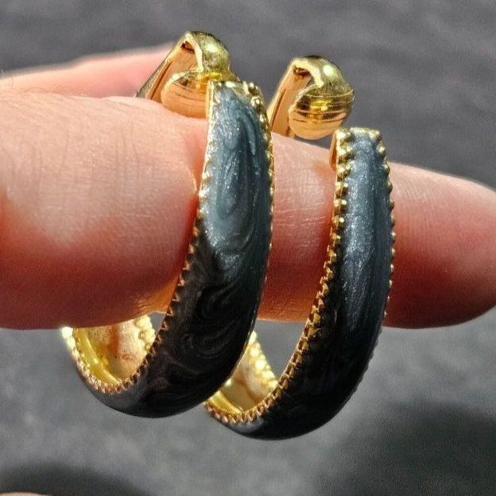 Gold tone vintage enamel hoop clip on earrings